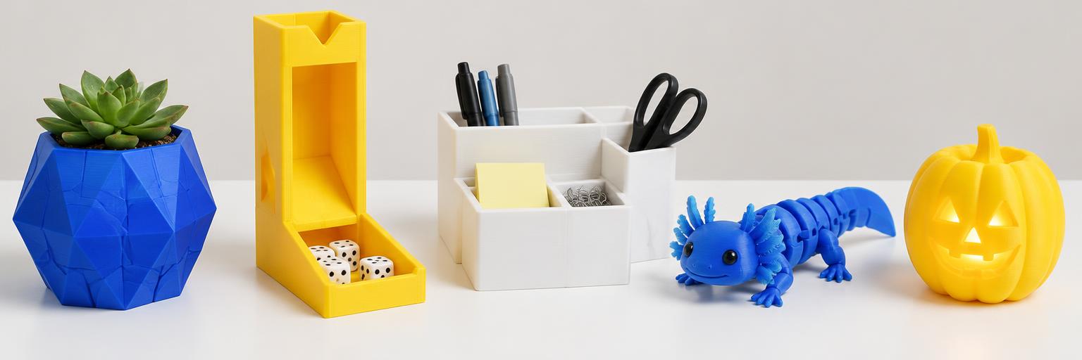 Blue planter and axolotl, yellow dice tower and pumpkin, and a white desk organizer